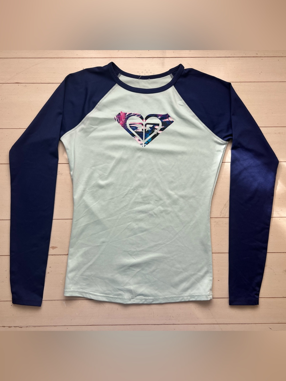 Roxy Women’s Long Sleeve Rash Guard with Navy Sleeves and Light Aqua Body
